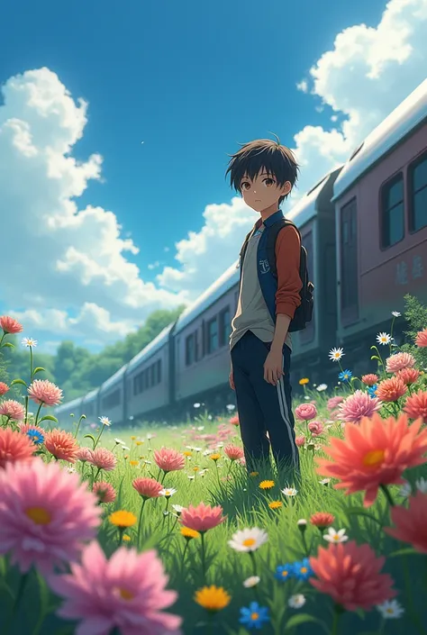 Anime boy in the near of the trane and and beautiful flowers grass and the weather is lighting 