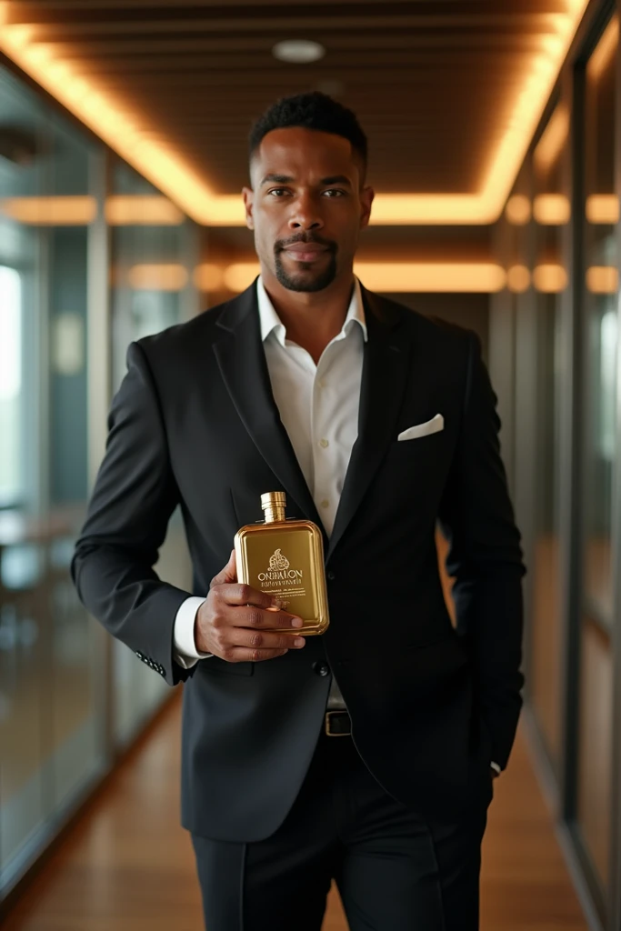 I need a photo to make an advertisement about the one million perfume where a brown man holds it in one hand with a backdrop in an office 