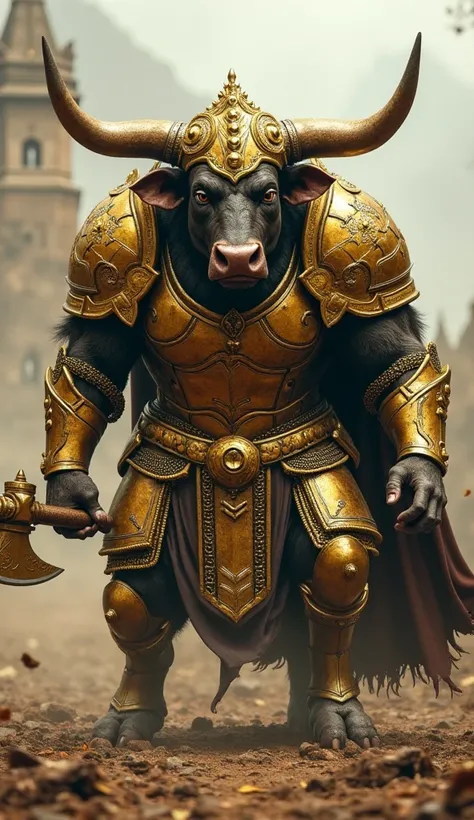 Warrior bull wearing golden armor, holding a golden axe , ultra realistic photo, ultra detailed, 