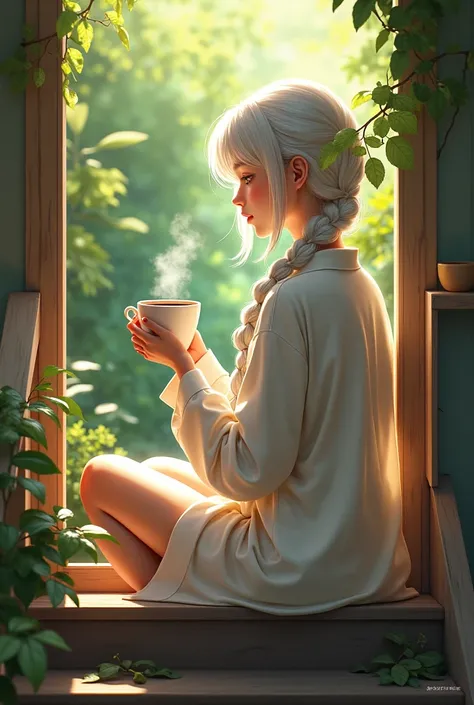 a girl with a beautiful figure with long white hair in a beautiful braid dressed in pajamas ,  with a cup of coffee in her hand sitting on her side on a wooden staircase in front of a garden 