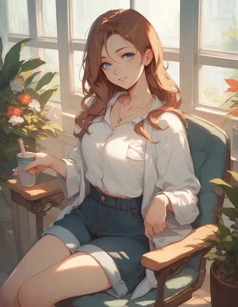  create the image of a female anime character with long brown hair and blue eyes, with a white shirt, sitting on a chair, Modern with casual clothes