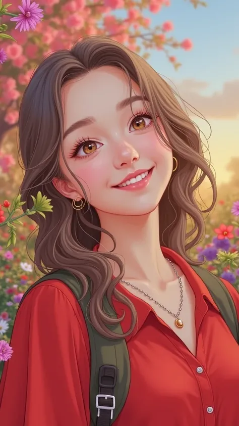 

"A full-body portrait of a cute girl with long flowing hair, standing in a park during sunset. She has a radiant smile on her face, with mesmerizing brown eyes. She is surrounded by colorful flowers of various types, and the golden sunset casts a warm gl...