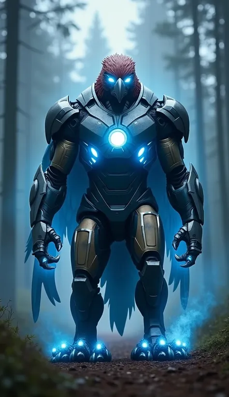 "An ultra-realistic representation of a hybrid creature that mixes the characteristics of a ferocious eagle and Iron Man, forming a majestic and supernatural entity. The creature has the powerful body of Iron Man. Its eyes shine with an intense blue light,...