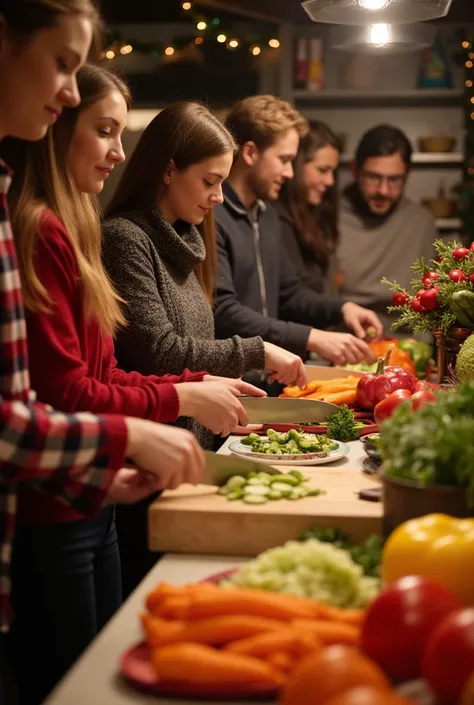 People cooking for Christmas chopping vegetables