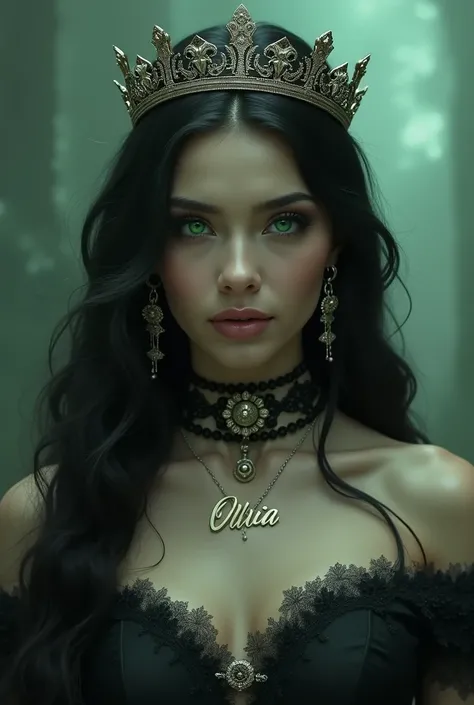  create a woman with emerald green eyes, black hair, wearing a crown and a collar with the name Olivia 