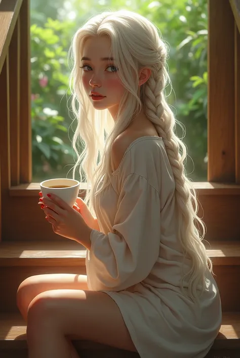 a girl with a beautiful figure with long white hair in a beautiful braid dressed in pajamas , with a cup of coffee in my hand sitting on my side in a sexy way on a wooden staircase in front of a garden 