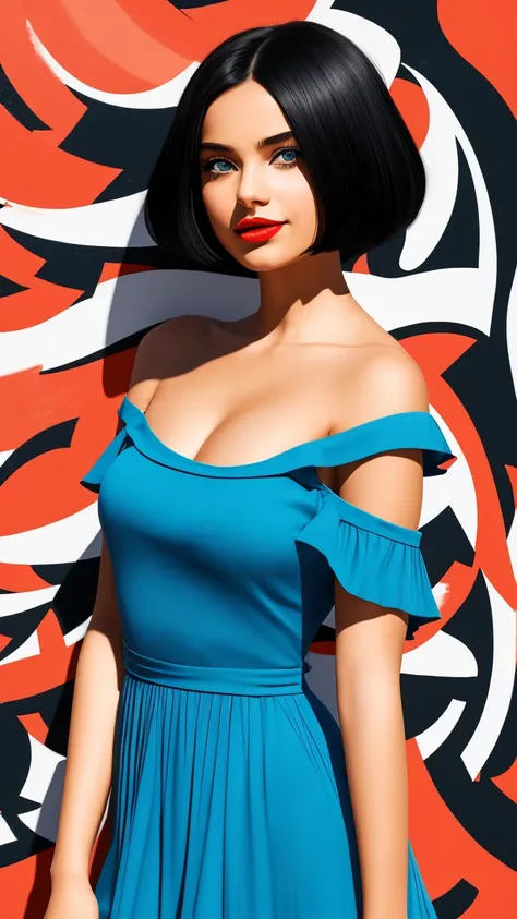  Create a flat illustration of a realistic female character with a black bob cut, striking blue eyes, and red lips. She is wearing a flamenco dress featuring an orange ruffle off-the-shoulder top, showcasing her bare shoulders. The character has a warm smi...