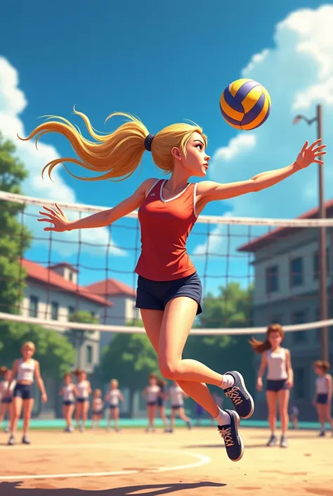 Blonde student playing volleyball at school (Making a withdrawal)