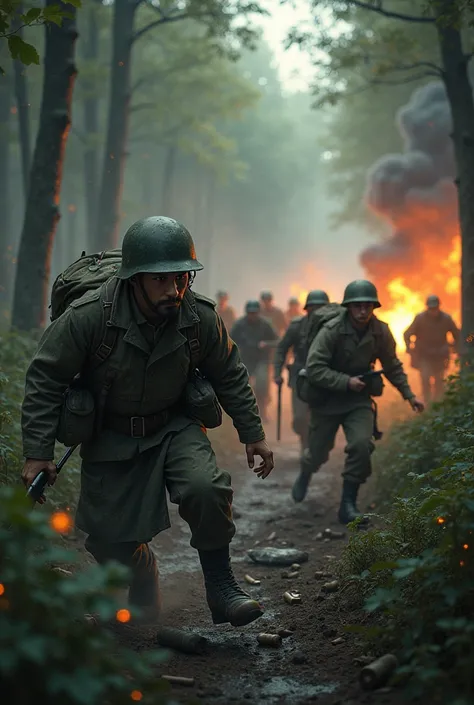  young soldiers fighting in World War II, in a forest, wearing dirty clothes , short beard on the face, Dark and smoky scene , Lots of gunshots ,  fire and bombs exploding 