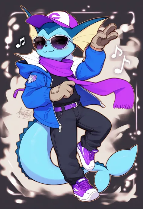 full-body portrait, feet visible, looking at viewer, solo, anthropomrphic vaporeon pokemon, no eyes visible, purple cap, large round dark sunglasses that cover the eyes, black jeans, white-purple sneakers, a blue jacket with a hood, purple scarf, purple be...