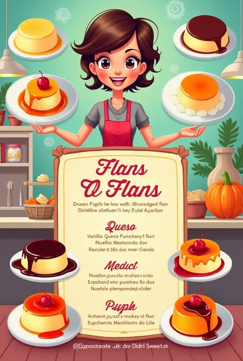 Create a flayer about sales of flans 
Name Didis sweets
vanilla
Queso
Nutella
coconut
Cafe
Pumpkin 