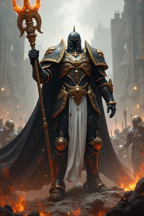 Lets create a Warhammer-style avatar 40k ,  a layered armor in white and black with the metals copper and damask steel,  in the background a war between several soldiers and monstrous creatures ,  Make the cloak more flamboyant add embers to the edges of t...