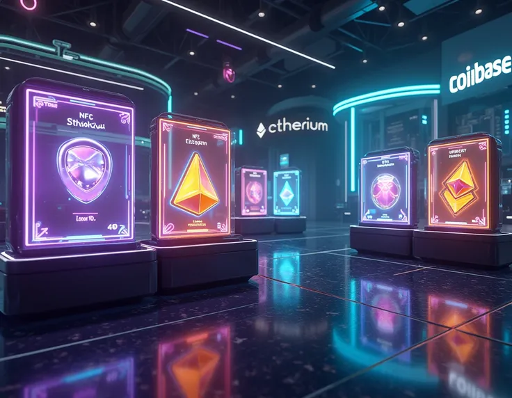 "A futuristic digital marketplace filled with glowing NFTs displayed in holographic frames, each showing rarity stats and floor prices. The atmosphere is sleek and tech-driven, with neon lighting in shades of purple, gold, and teal, set against a high-tech...