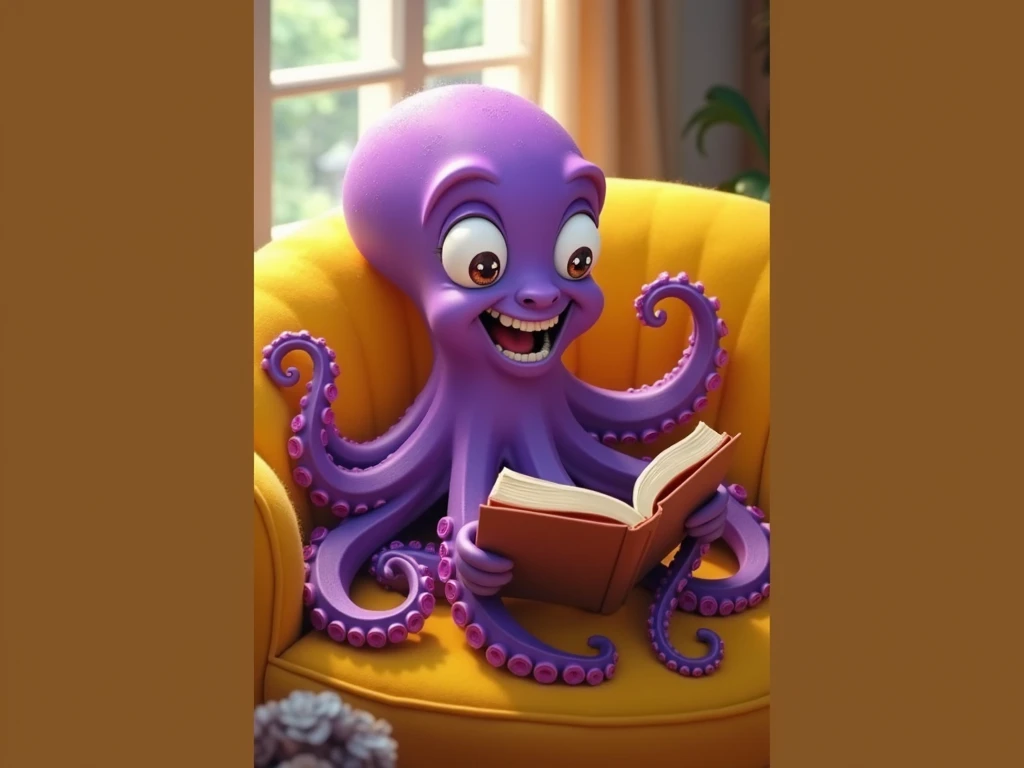 A purple octopus reading book with a bit smile on face in cartoonist and disney style sitting on yellow sofa