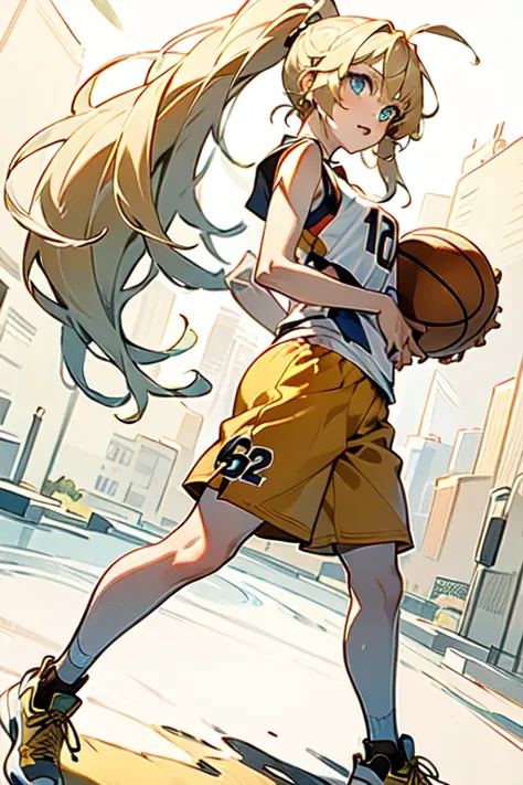 a cartoon woman in orange shorts and shoes with a basketball on her hip, basketball, 1girl, basketball uniform, sportswear, blue eyes, shorts, long hair, ponytail, ball, blonde hair, solo