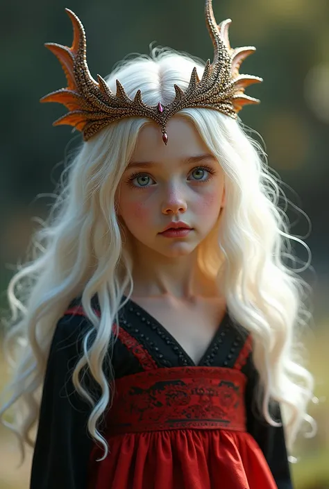 A girl in a red and black dress with a crown with white hair aged s a girl a girl a realistic  a realistic  very pretty but innocent a dragon crown