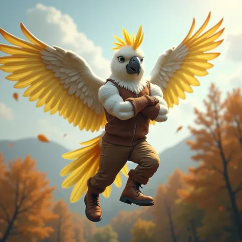  White muscular winged parrot furry jock in brown boots, in brown pants, in a brown sleeveless zippered sweater , wearing brown gloves with arms crossed over his chest, he flies in the sky above the autumn forest