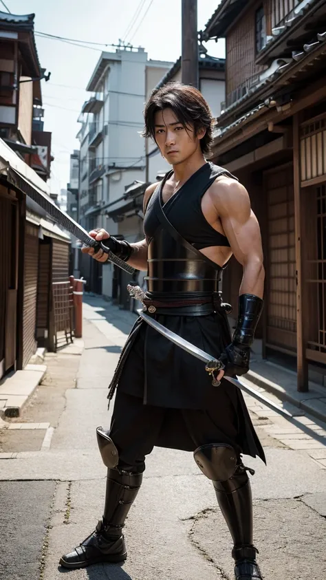 (8k, photograph), ( full body image ,  model body type ), A kendo practitioner wields a sword, muscle, young,  a wild and attractive Japanese man, Detailed facial sculpt, Disheveled Hair,  samurai,  Future Cities 