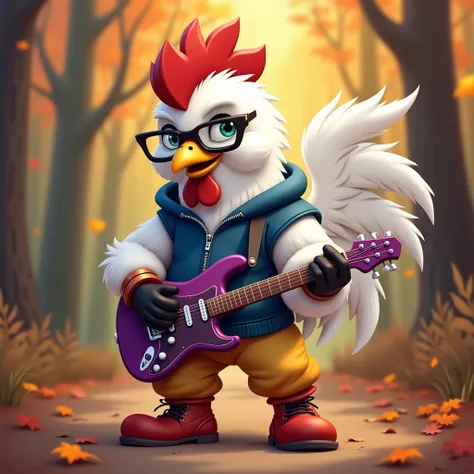 A white muscular winged furry rooster in copper bracelets , wearing red boots , in yellow pants ,  in a blue sleeveless zipped sweater , in black gloves, playing a purple guitar in the autumn forest in a cartoon style with glasses in front of his eyes