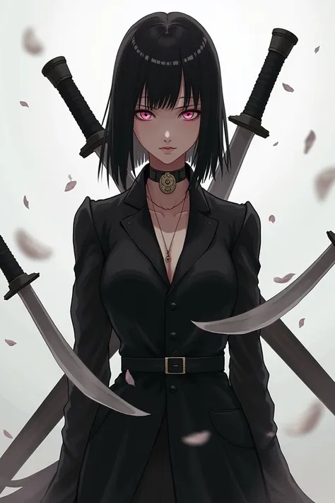 ,  Black straight hair , Pink eyes , ,  The blade floats behind the back ,  The blade floats behind the back {x} The four blades float behind the back, female