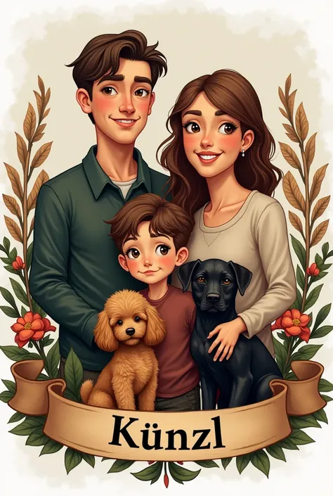  family crest of the Künzl family which consists of 4 people a father a son a mother and a daughter. There is also a small brown toy poodle and a black little dog 4 people