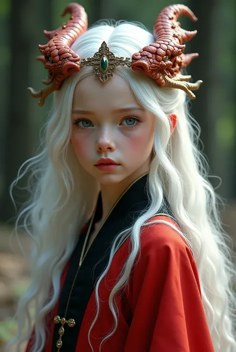 A girl in a red and black dress with a crown with white hair aged s a girl a girl a realistic  a realistic  very pretty but innocent a dragon crown 