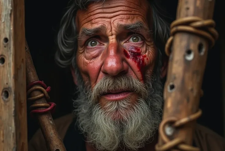  Create a vivid description of the facial expression and appearance of an elderly Hebrew man who is suffering a lot.  Focus on the following details : * Your face is dirty, with bleeding sores . *  Your wrists are bruised from being held together by chains...