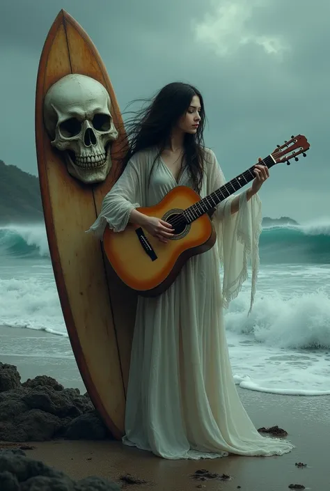  An image of a girl next to a surfboard with a skull. This girl plays guitar  