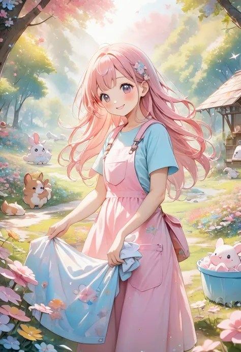 8K resolution, (((masterpiece))) ((highest quality)) ((masterpiece)) 8K resolution, (((masterpiece))) (((highest quality))) (((masterpiece))) An adult woman in pink overalls with long smiling hair is washing clothes in a forest where flowers bloom and many...