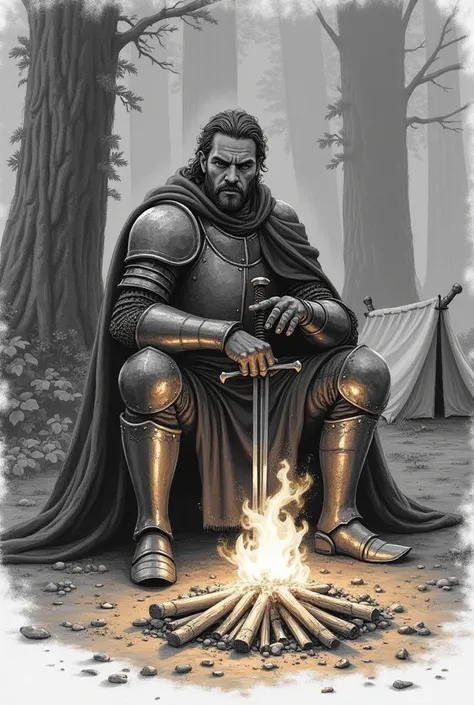 Sketch of Knight sitting beside a campfire
