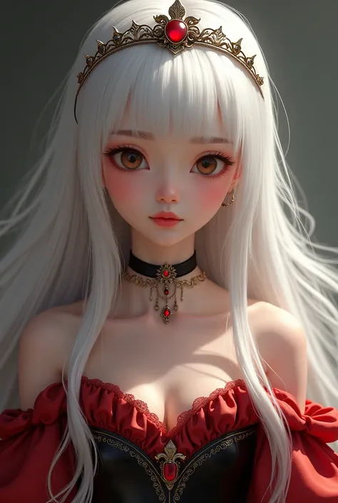 A girl in a red and black dress with a crown with white hair aged s a girl a girl a realistic  a realistic  very pretty but innocent a crown like a headband