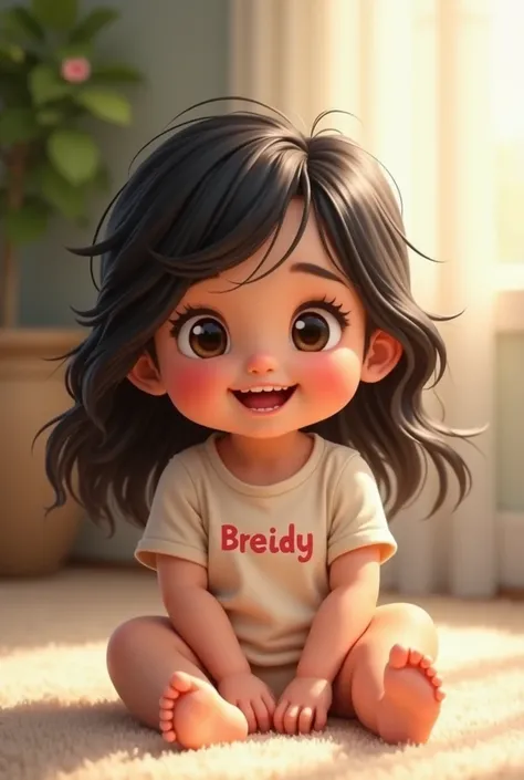 Little baby with long black hair with the name Breidy on the chest of her top sits with a beautiful smile and brown eyes