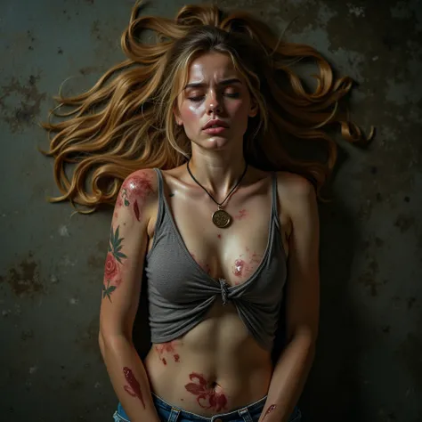 full body overhead view of a beautiful unconscious young woman. She has honey blonde hair that is tied back. She is wearing a tank top, shorts and a pendant. She has visible injuries across her entire body. She is lying on her back on the ground in a posit...