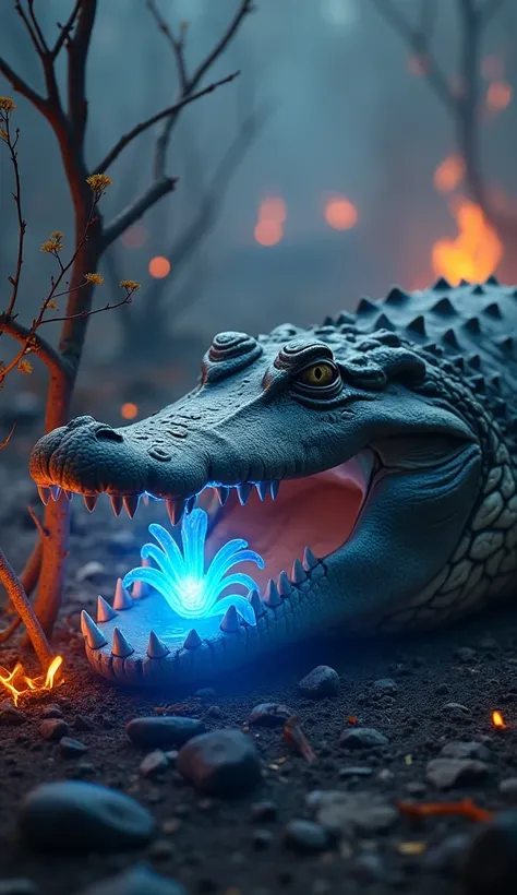 In the heart of a burning swamp, amidst the glowing embers and swirling smoke, a massive crocodile lies low on the scorched ground. Its sharp, jagged teeth are clamped onto a strange, otherworldly plant. The plant has a thin, finger-like stem, adorned with...