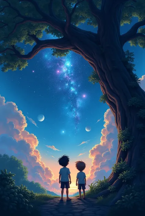 A tree with two boys at the bottom 
Looking up at the sky a galaxy with planets and stars 
