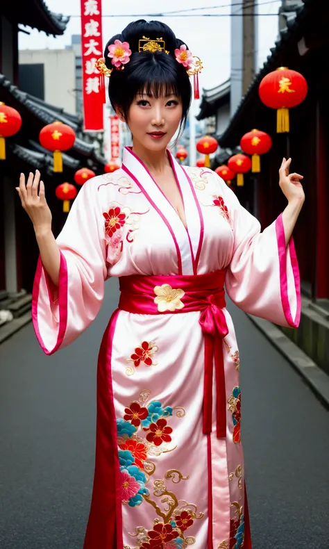 A magical girl (cute woman, age 40, breast over exposed, intricate Chinese robe, fancy Chinese hairstyle) is in a casting action pose, a ball of energy forms up before her, downtown Tokyo
