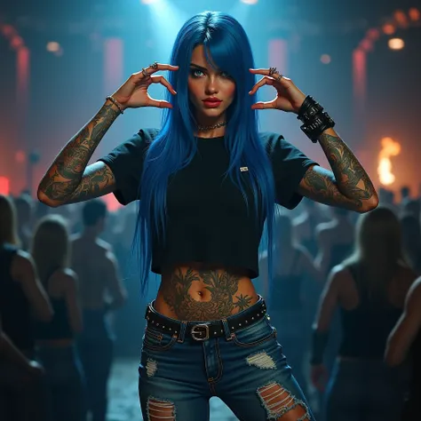 female ,  long straight blue hair, wearing blue ripped jeans with stud belt on with a black t shirt. Fit body, full body tattoos. Realistic. Hair over half face. Blue eyes. Buff body.  Beautiful 21 age.  Holding up heart sign with hands. Metal concert in b...