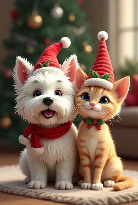 Little Westie dog with a Christmas hat and a thin cat with a lot of beige fur with shades of brown and yellow and a Christmas hat