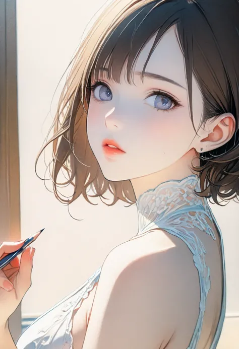 1 beautiful woman、white silk lace dress、portrait shot, over-the-shoulder look, dynamic angle, detailed face, beautiful eyes, detailed lips, pale skin, long dark-brown hair, Perfect Anatomy, Art、ad、Low saturation, color pencil drawing、draft drawing、illustra...