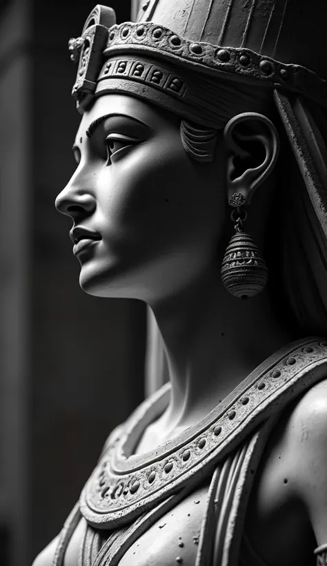 A dramatic black-and-white close-up of an ancient statue of Cleopatra, detailed carvings of her iconic headdress and jewelry, soft shadows emphasizing her regal expression, classical cinematic lighting, intricate stone textures, 4K resolution