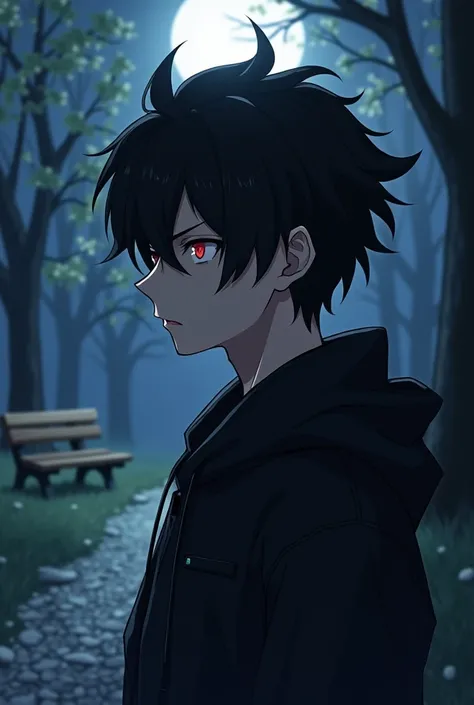 anime male profile picture at us and his body is average and not skinny. Hair Style: Short, messy black hair (like the reference image above). Eye Color and Expression: Red eyes and a serious expression. Clothing: Black, hooded jacket, with minimal details...