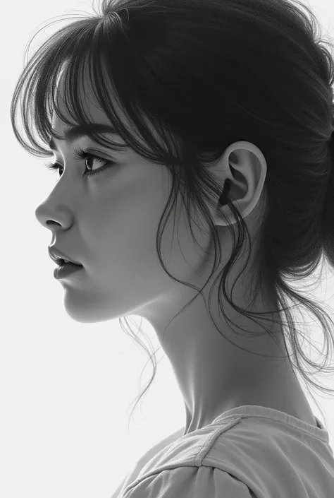 A realistic picture of a girl looking to the left with her face looking to the left, her eyes reflected in her eyes, and her deep thoughts, and the background seems to have been drawn with a blank pencil