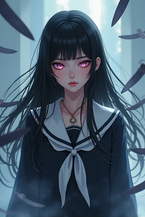 Girl with long black hair ,  school uniform,  Pink Eyes , Expressionless,  pretty face, female, There are several blades floating around the girl, comic book