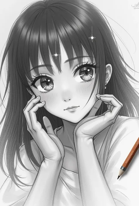 A picture of a girl whose face looks like it was drawn with a pencil, looking to the left, starlight shining on her eyes, and deep thoughts, with a blank pencil in the background