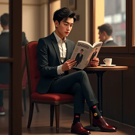  Young man in a suit wearing dark red shoes and translucent black socks, sitting in a cafe reading a magazine about costumes  