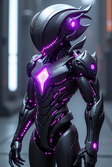 (photorealism:1.2),  An advanced cyborg with a detailed metallic endoskeleton inspired by Brainiac from Superman Unbound and Black Wargreymon ,  with bioorganic musculature of complex design .  The muscles have a purple energetic glow with black lines ,  e...