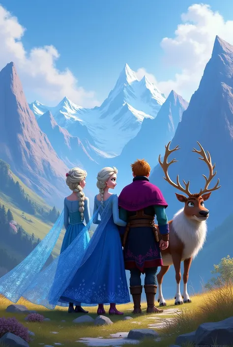 Scene 9: A New Beginning
* Prompt: Elsa and Anna, along with Kristoff and Sven, stand together, looking towards the future.