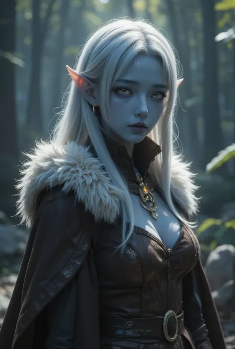 Blue skinned demon, white hair, white iris, blue skin, simple fur robe, brown clothing, tunic, demonized female, realistic textures, elf ears, glowing white eyes, horns, full body