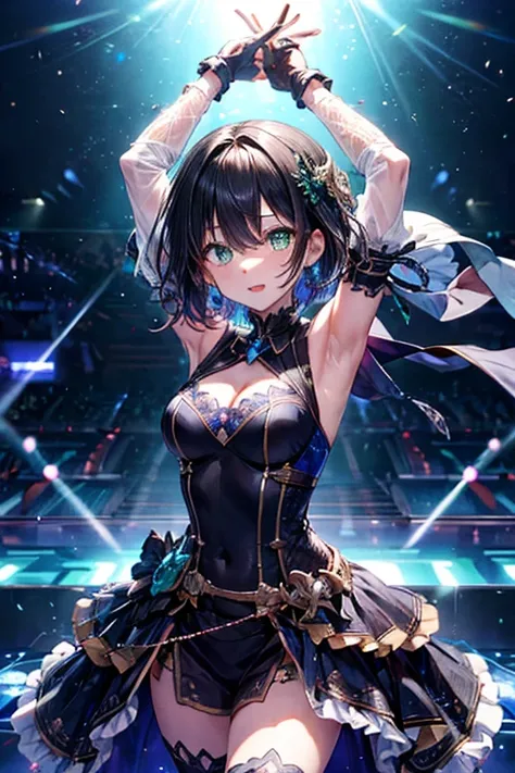 Disco,Enthusiasm_  knight ,Dancing_ dress,right_arm_up,black_hair,short_hair,Light_green_eye,beautiful,cute_face,Highest_Good quality_anatomy,1_ girl,