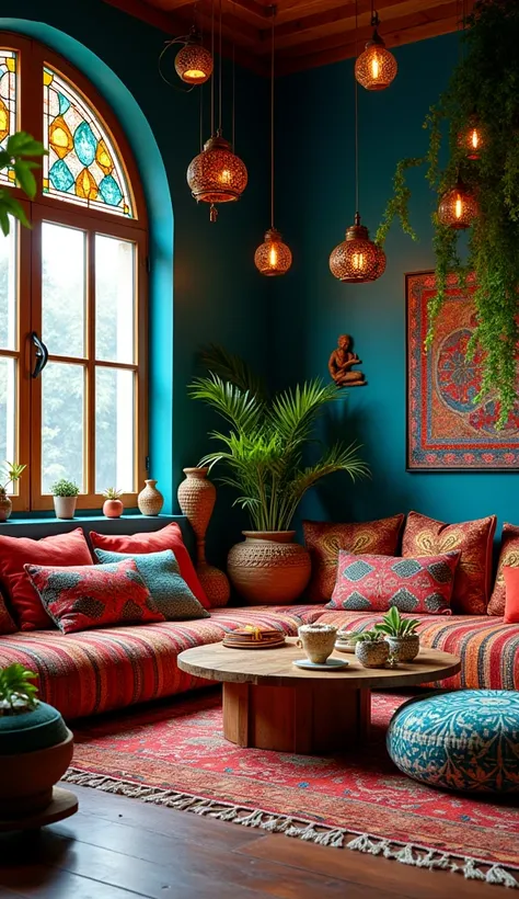 Color Palette: Rich and vibrant colors dominate, with deep blues on the walls and a mix of jewel tones and warm hues in the textiles and accessories.
Furniture: A low bed serves as the central seating, adorned with a multitude of colorful and patterned cus...